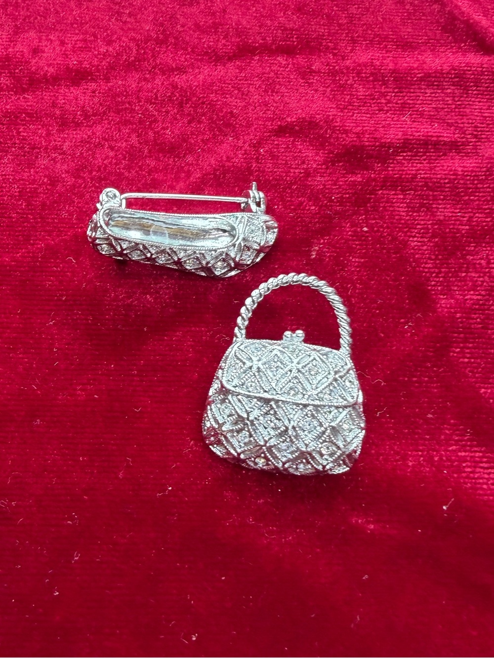 Vintage Rhinestone Small Handbag And Shoe Brooch Pin